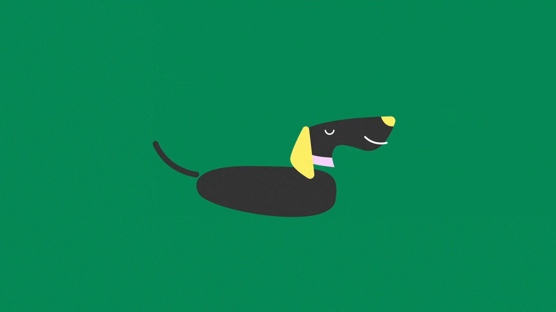 Illustrated dogs in black, white, yellow and lilac walking one after another across a green background