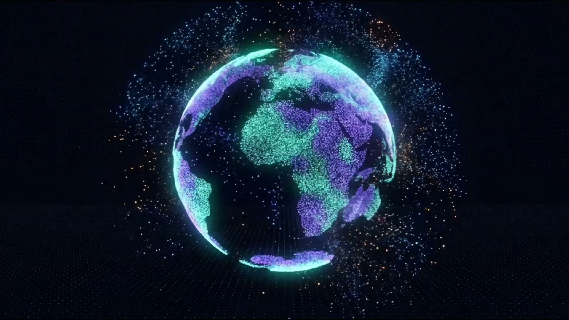 A world built from particles: a globe, a highway, a child chasing a ball, deer seen through a windshield